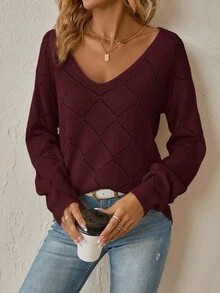 SHEIN Clasi 女式纯色V领落肩长袖休闲镂空毛衣，秋冬 - 紫紅色 - 查看 4