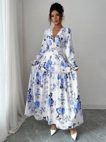 Elenzga 女式碎花灯笼袖中长连衣裙，法式浪漫设计，修身腰身，性感V领，适合约会、派对，可与夹克叠穿 - 藍色 - 查看 8