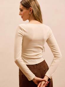 lacRébo Ribbed Long Sleeve Top With Vellvet Pink Bow Detail Spring Women Spring Summer French Style Parisian Style - Apricot - View 4