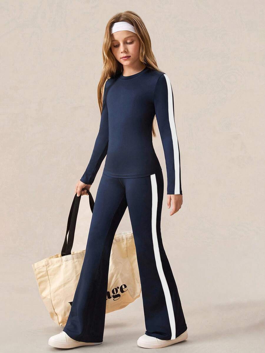 SHEIN 青少年女孩两件套服装，休闲时尚舒适长袖上衣和裤子套装，蓝色 - 藍色 - 查看 1