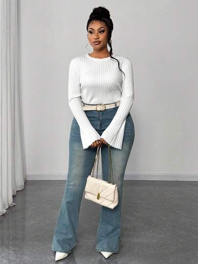 Maweii Suéter de punto de unicolor de talla grande para mujer, de cuello redondo, hombros rectos, mangas acampanadas, de punto ligero, de manga larga, de corte slim, básico, para salir, primavera, otoño, invierno