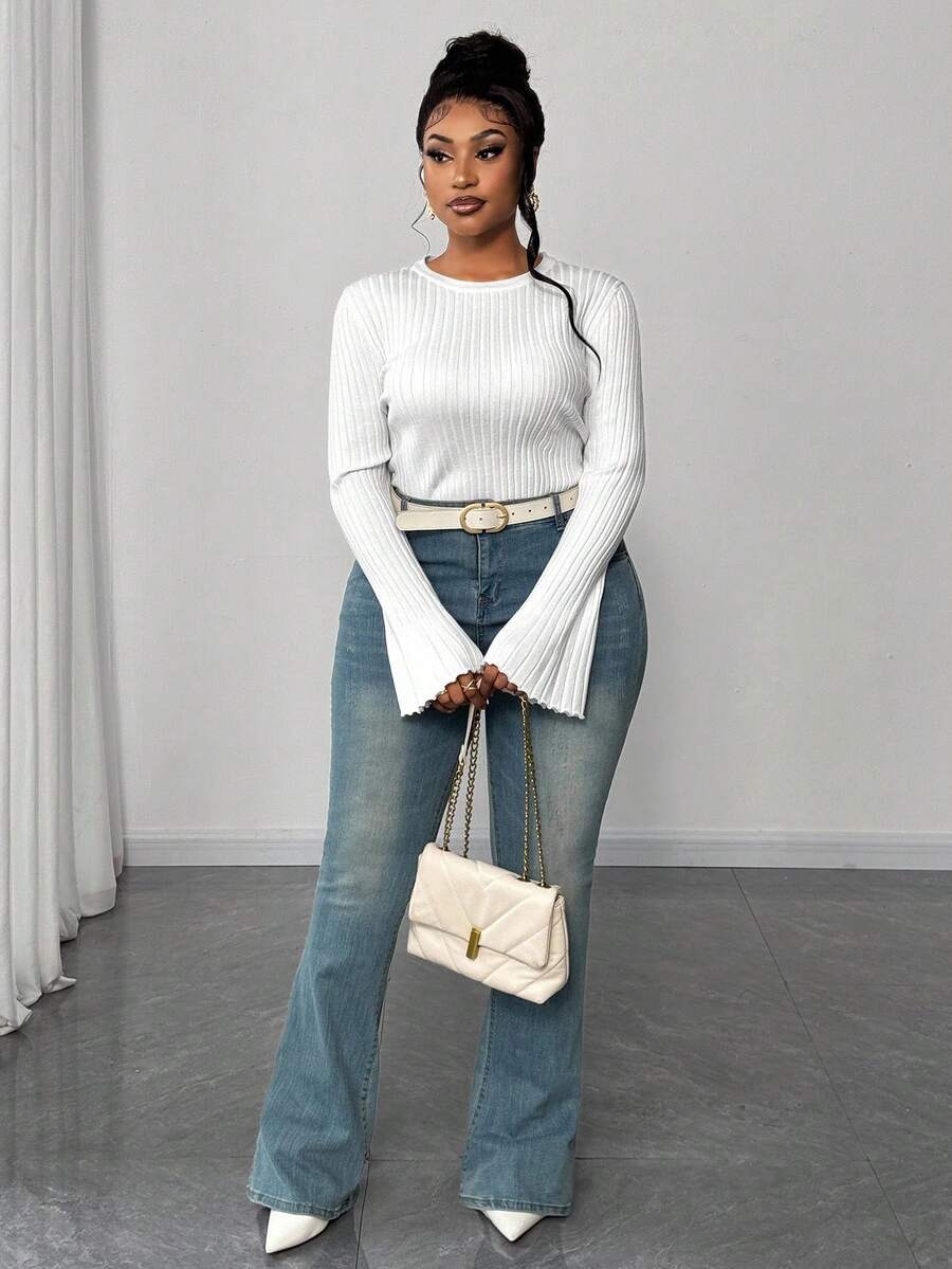 Maweii Women's Simple Casual Everyday Round Neck Straight Shoulder Flared Sleeve Knitted Solid Color Plus Size Sweater Long Sleeve Lightweight Knit Fashion Ribbed Slim Fit Basic Going Out Tshirts, Spring Fall Winter