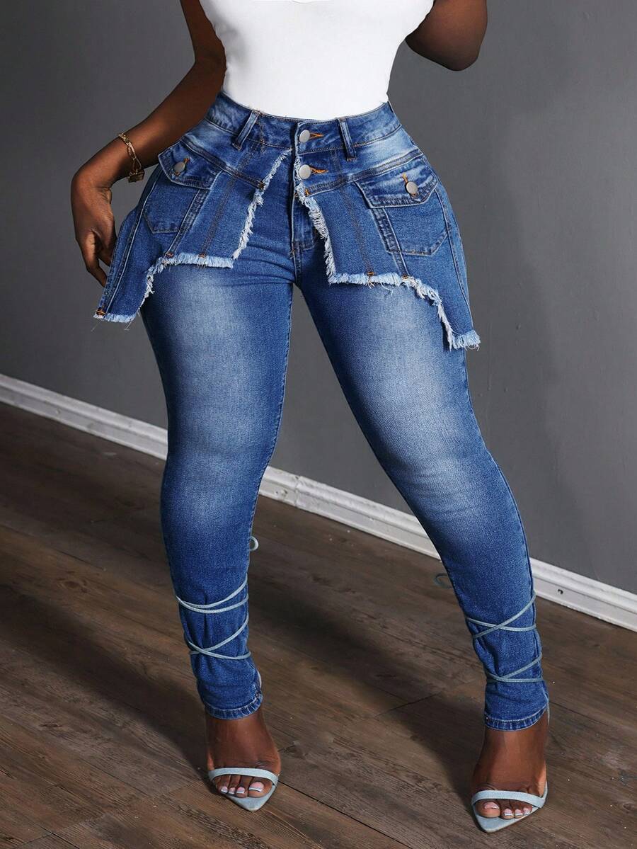 Slaydiva Plus Size Fashionable Light-Colored Denim Jeans - Medium Wash - View 1