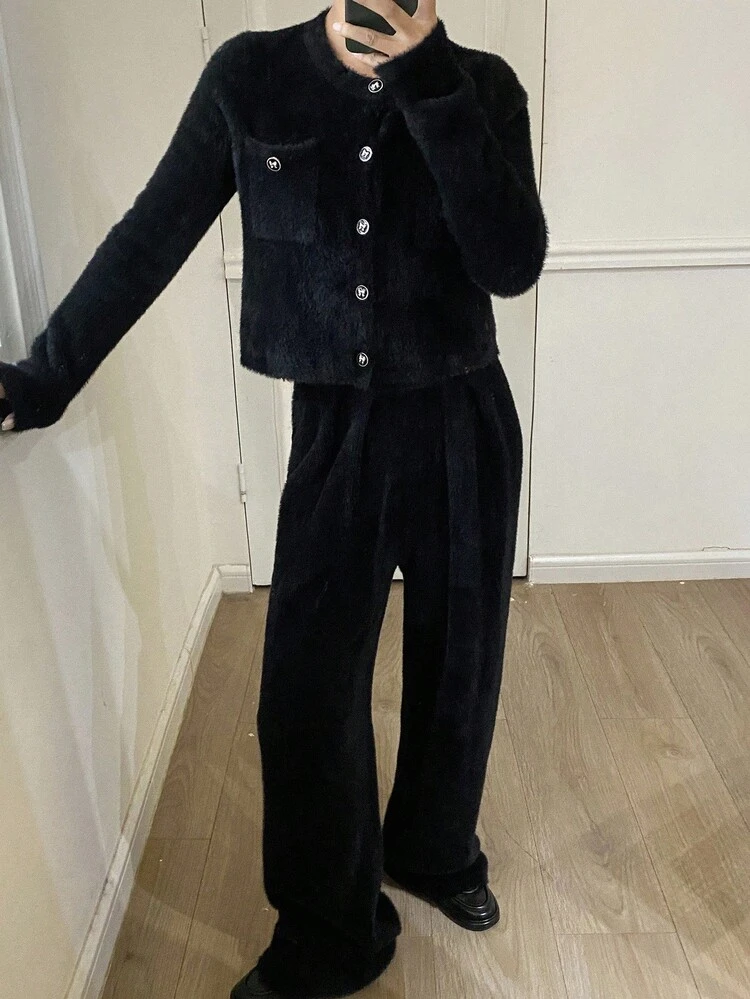 2pcs Women's Cardigan Sweater Set With Front Button Long Sleeve Top And Pants