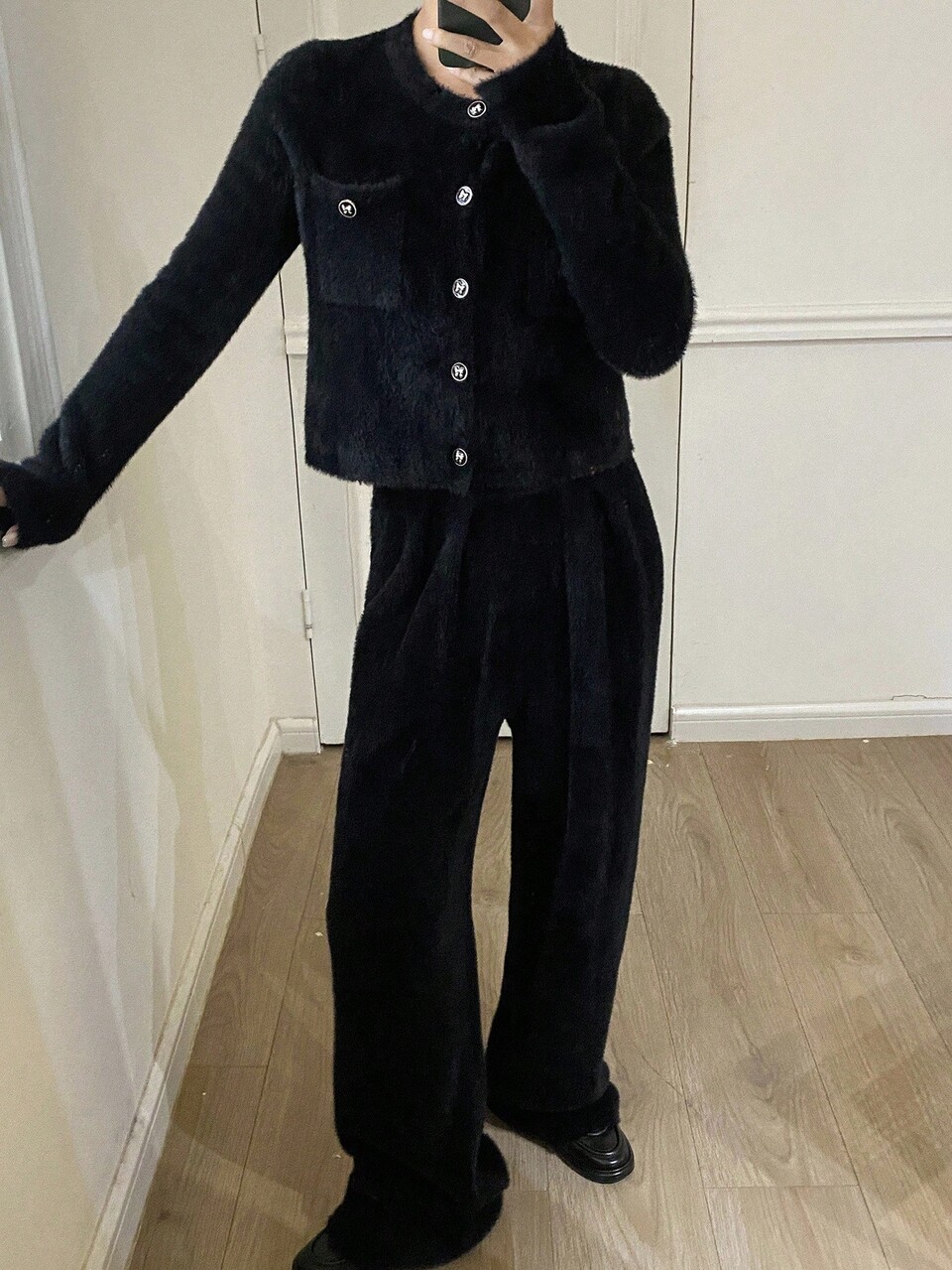 2pcs Women's Cardigan Sweater Set With Front Button Long Sleeve Top And Pants