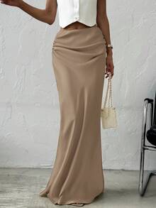 Firerie Váy maxi satin trơn màu đa năng, thanh lịch, lãng mạn, tối giản, dành cho nữ, màu mơ, thu/đông - Màu nâu  Mocha - Xem 6