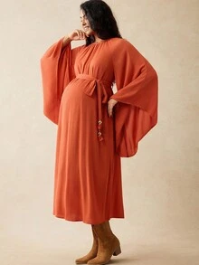 Boho Mama فستان أنيق للحوامل بياقة مستديرة وأكمام واسعة وحزام ذو لون أحادي - بني - مشاهدة 5