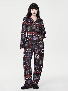 ROMWE Women's Gothic Christmas Skeleton Deer Coffin Cobweb Snowflake Bat Cross Moon Bone Long Sleeve Top & Pants Pajama Set Fall Winter Clothes - Black - View 5