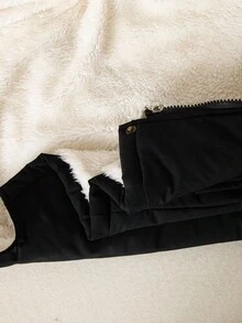 SHEIN 女童加厚派克大衣，时尚连帽，仿皮草领，拉链开合，腰部抽绳，口袋，百搭，适合秋冬 - 黑色 - 查看 7