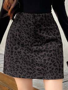 FRIFUL 女式休闲豹纹纽扣腰短裙 - 深灰色 - 查看 1