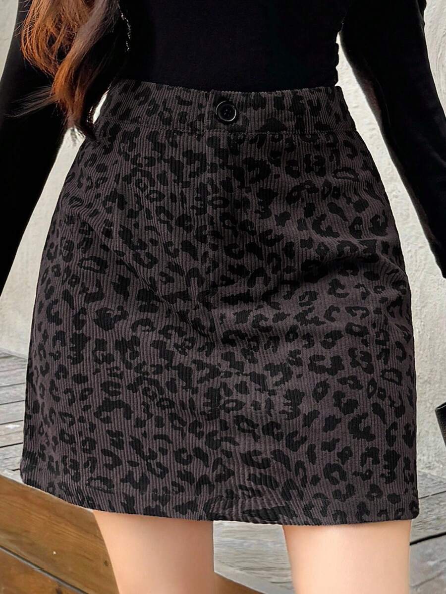 FRIFUL 女式休闲豹纹纽扣腰短裙 - 深灰色 - 查看 1