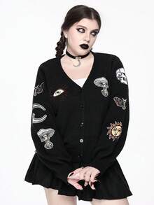Áo len cardigan dệt kim họa tiết mặt trời, mặt trăng, ngôi sao, đầu lâu Hippie thêu cỡ lớn màu tối - màu đen - Xem 2