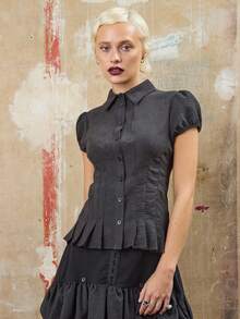 COUREZ 褶皱泡泡袖黑色衬衫 / Y2K 秋冬女装休闲外出上衣性感派对上衣优雅女式衬衫万圣节 - 黑色 - 查看 2