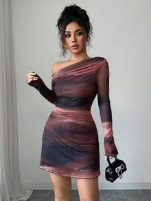 Firerie Women's Elegant Minimalist Daily Commute Tie-Dye Print Mesh Long Sleeve Bodycon A-Line Mini Dress, Autumn/Winter New Year Clothes - Multicolor - View 1
