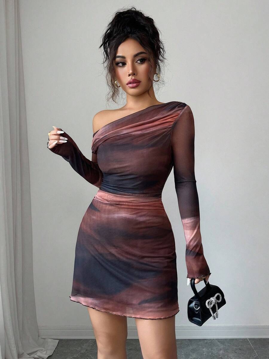 Firerie Women's Elegant Minimalist Daily Commute Tie-Dye Print Mesh Long Sleeve Bodycon A-Line Mini Dress, Autumn/Winter New Year Clothes - Multicolor - View 1