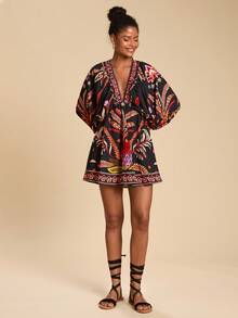 Travachic Lässiges Minikleid mit Pflanzendruck und Fledermausärmeln für den Urlaub, Boho-Kleid mit Paisley-Print und langen Ärmeln, Herbst-Winter-Damen, Neujahrs-Look, Thanksgiving-Outfits, elegante Kleider für Partys, luxuriöse Abendkleider für Hochzeiten - Verschiedenfarbig - Übersicht 3