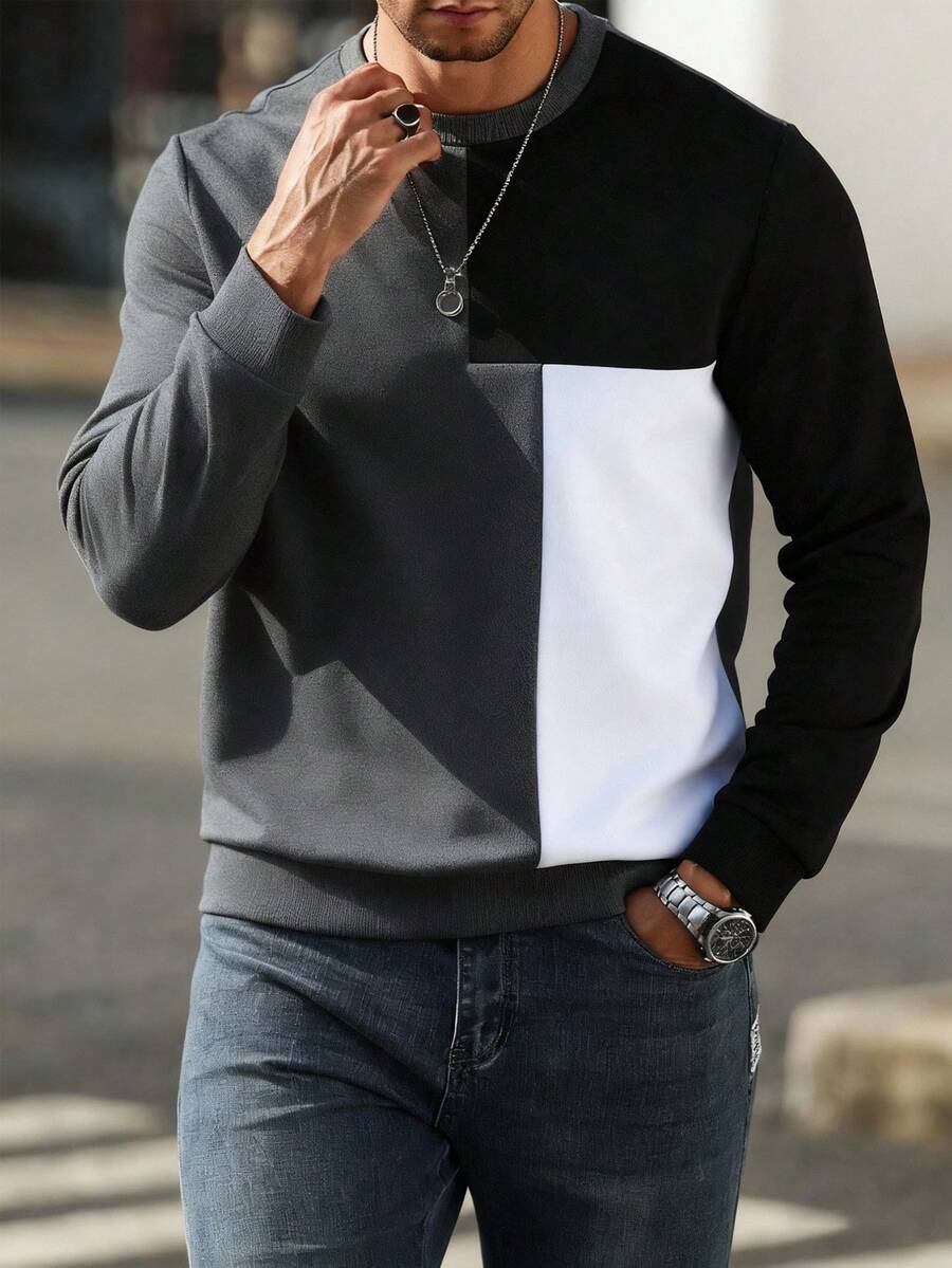 Manfinity Homme 男士撞色圆领长袖休闲卫衣,秋冬男士卫衣,休闲男士套头衫 - 彩色 - 查看 1
