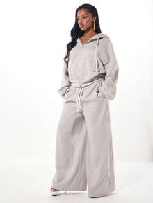 SUMWON WOMEN Pantalones de chándal de pierna ancha con cordón, panel de carga, pantalones de salón cómodos, joggers de invierno acogedores, prendas inferiores amplias y acogedoras - Gris Claro - Ver 5