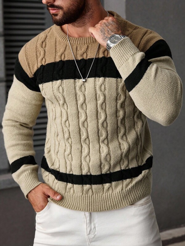 Manfinity Homme Plus Size Men's Color Block Long Sleeve Crew Neck Knit Sweater, Fall/Winter
