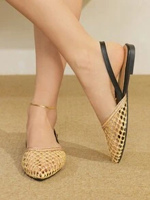 2025新款度假风编织镂空透气露跟方头舒适优雅女士平底鞋 - 黑色 - 查看 5