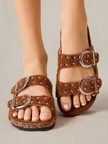 Solecia Fashionable Metal Buckle Rhinestone Decor Thick Sole Sandals, Suitable For Commuting - Coffee Brown - View 3