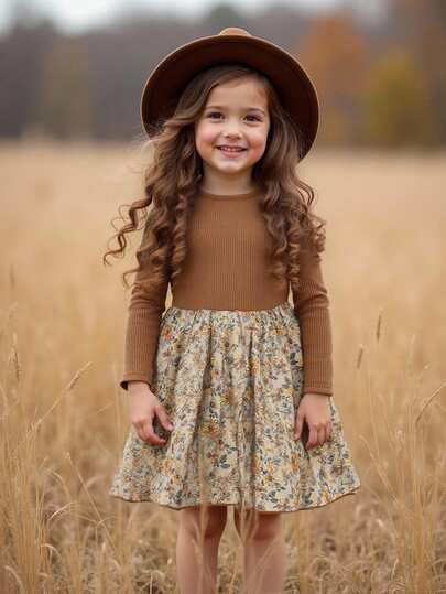 SHEIN Emery Rose Kids 年轻女孩长袖连衣裙，纹理复古碎花裙，时尚休闲可爱日常穿着