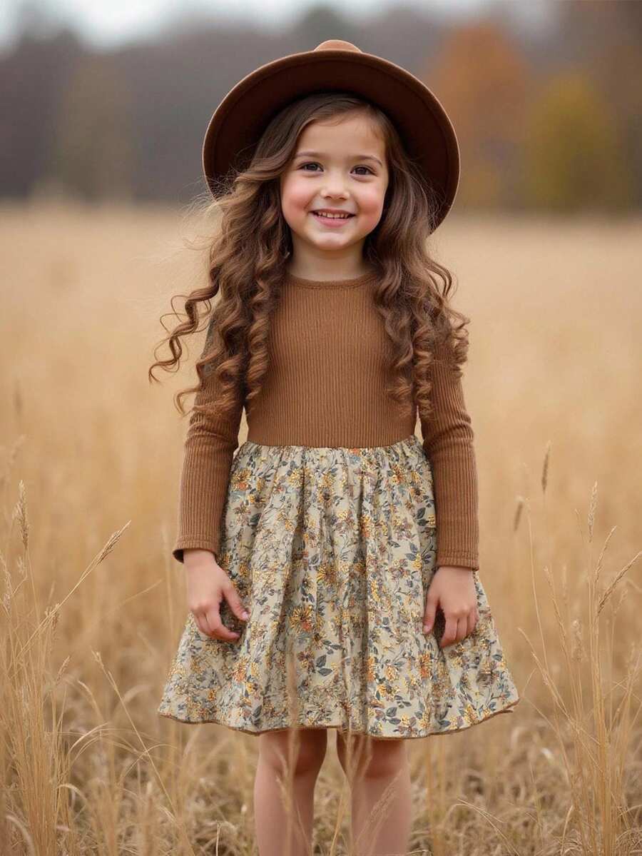 SHEIN Emery Rose Kids Váy dài tay cho bé gái, chân váy hoa cổ điển họa tiết, thời trang dễ thương mặc hàng ngày - Màu nâu Mocha - Xem 1