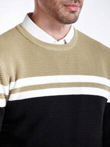 Formmaro Men's Casual Colorblock Crew Neck Long Sleeve Pullover Sweater , Fall/Winter - Black - View 2