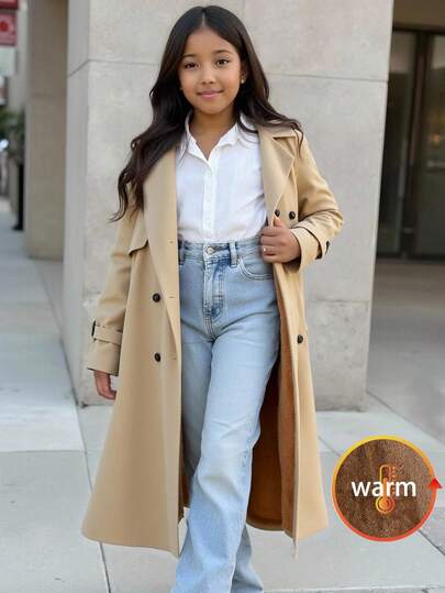 SHEIN Tween Girls Casual Khaki Woven Double-Breasted Lapel Loose Long Windbreaker With Thermal Lining, Relaxed Military Style, Suitable For Daily Wear, Commuting And Outings In Autumn/Winter Fall