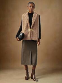 Vesra Women's Elegant Sleeveless Jacket With Lamb Fur Collar And Button Closure - Khaki - View 6