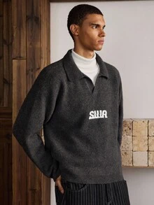 SWAVVY Men's Loose Fit Letter Pattern Wool Blend Drop Shoulder Casual Sweater, Autumn/Winter - Dark Grey - View 5