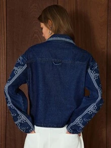 Easelle 女式花卉刺绣长袖拉链休闲牛仔夹克，秋季