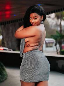 PeachySprinkles Women's Deep V Backless Halter Metallic Mini Dress