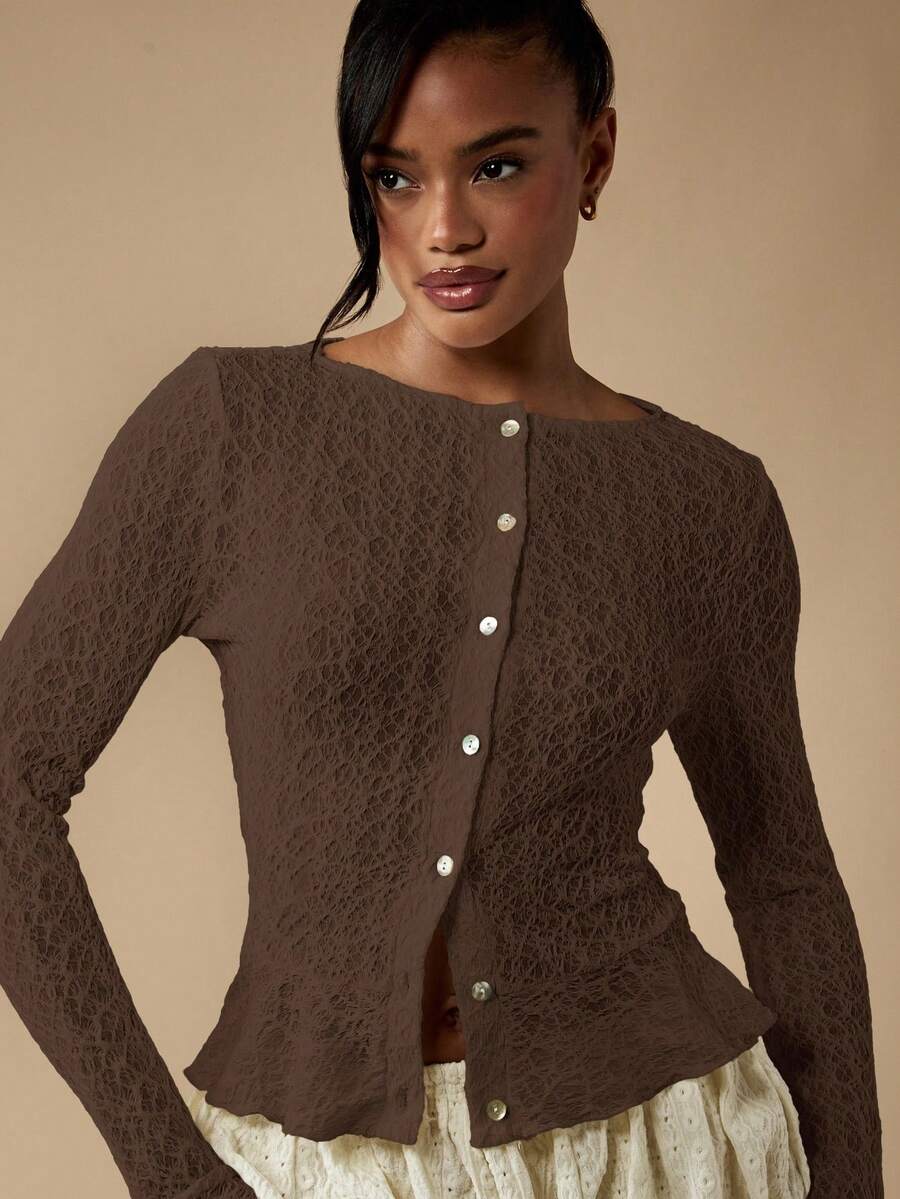 MISSGUIDED Textured Knit Button Up Cardigan With Ruffle Hem Long Sleeve Fall Winter Lightweight Peplum Sweater Holiday Party Office Wear - Brown - View 1