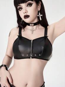 ROMWE Grunge Punk 女士深色朋克 PU 金属拉链索环无钢圈文胸 - 黑色 - 查看 1