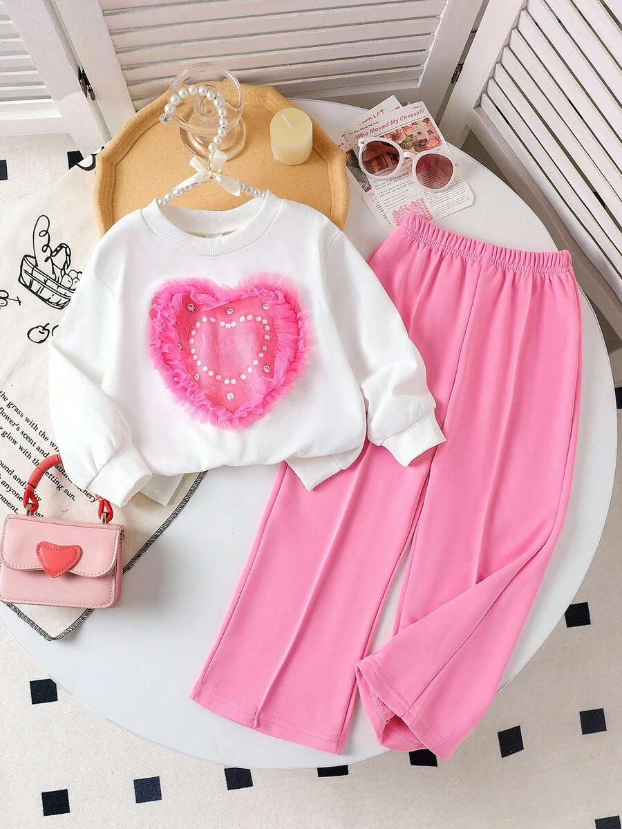2pcs/Set Young Girl Heart Applique Crew Neck Long Sleeve Sweatshirt And Pink Pants Set - White - View 1