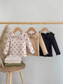 SHEIN 3 件套女婴优雅彼得潘领条纹长袖 T 恤，可爱时尚，适合居家、户外、度假和所有季节