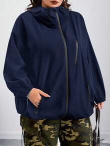 SHEIN CURVE+ Áo khoác có mũ trùm đầu Curves Plus Size/Quần áo đi học/Quần áo trở lại trường/Áo khoác có mũ trùm đầu dây rút vai trễ dành cho nữ cỡ lớn, Quần áo mùa thu dành cho nữ, Mùa đông, CURVE PLUS - Màu xanh hải quân - Xem 5