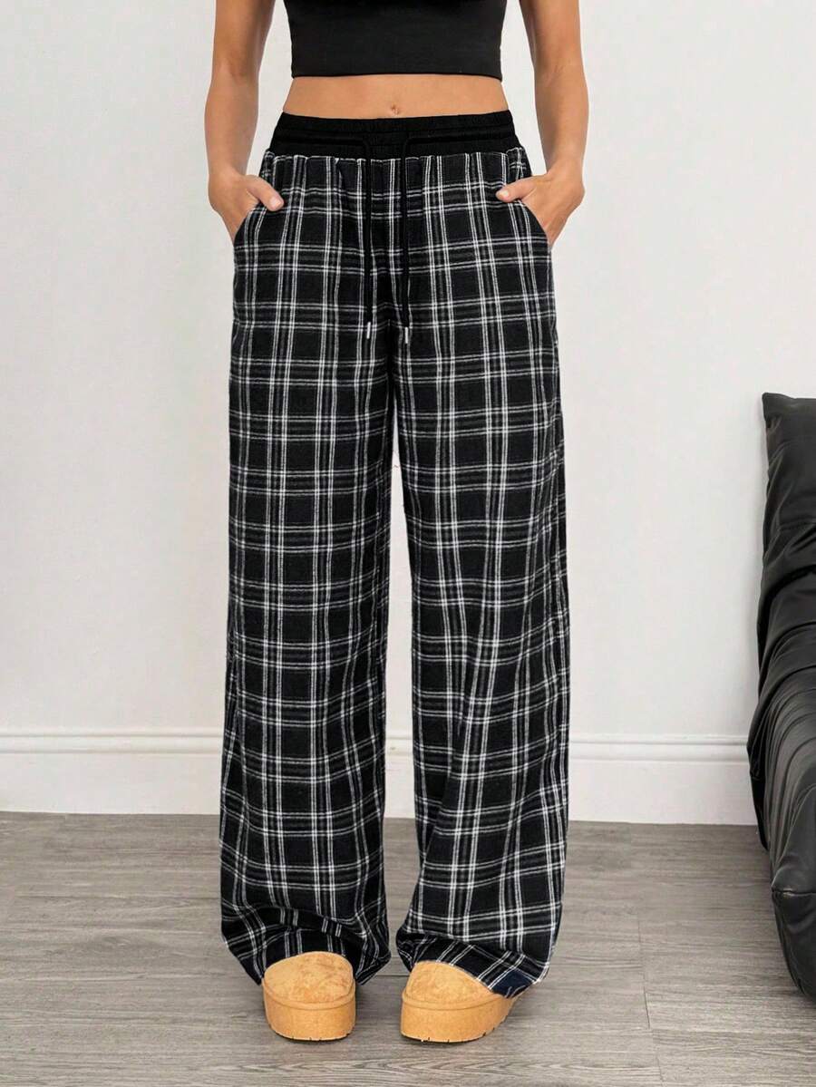 SHEIN Tall Women's Casual Loose Checked Wide Leg Pants Plaid Pants Pajama Pants Checkered Pants Lounge Pants Loose Pants - Black and White - View 1