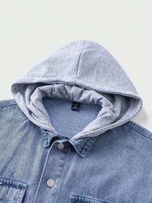 SHEIN 青少年男孩时尚休闲 Y2K 复古酷炫街头返校学院风蓝色牛仔灰色针织连帽宽松长袖牛仔外套，适合青少年男孩日常穿着，柔软舒适，也适合青少年男孩秋冬季派对、节日和街头服饰以及校园服装。