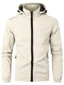 Manfinity Homme 宽松男士字母图案拉链连帽夹克，户外风衣（不含T恤） - 杏色 - 查看 1