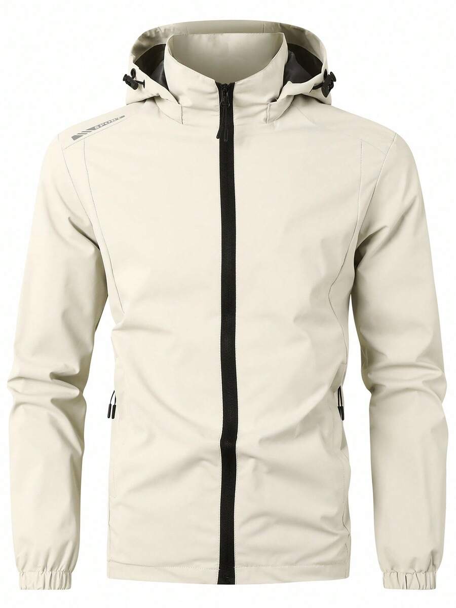 Manfinity Homme 宽松男士字母图案拉链连帽夹克，户外风衣（不含T恤） - 杏色 - 查看 1