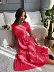 EURMUSE Solid Ruffle Hem A-line Dress - Hot Pink - View 1