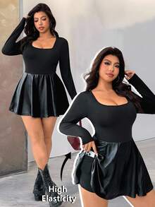 SHEIN EZwear 大码女式时尚街头风格简约纯黑色休闲船领长袖喇叭下摆连体裤 - 黑色 - 查看 1