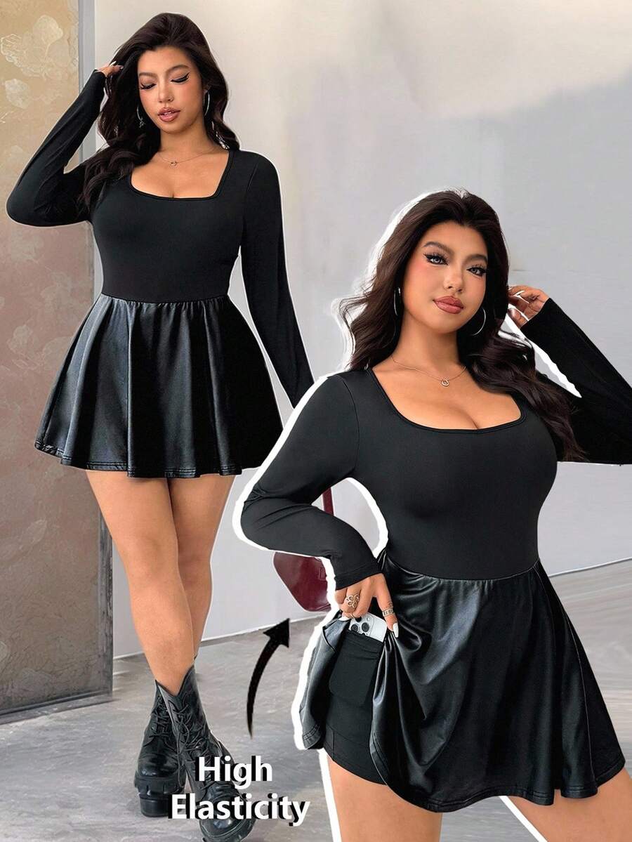SHEIN EZwear 大码女式时尚街头风格简约纯黑色休闲船领长袖喇叭下摆连体裤 - 黑色 - 查看 1