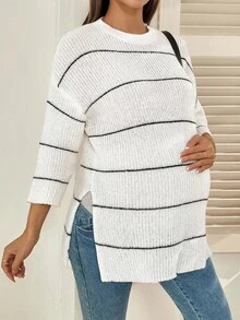 SHEIN 休闲拼色条纹侧开衩孕妇毛衣，秋冬 - 黑與白 - 查看 5