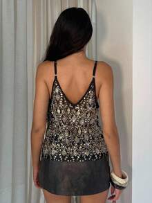 SHEIN Tall Áo hai dây cổ chữ V đính sequin gợi cảm thời trang dành cho nữ mùa Giáng sinh - màu đen - Xem 2