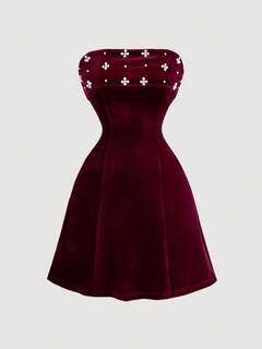 SHEIN MOD Women Burgundy Velvet Dress With Pearl Decor,Holiday Dress, Dress, Dress,New Years Eve Outfit, New Year Party Women Dress,Holiday Outfits,Formal Dress,New Years Dress,Red New Year Dress