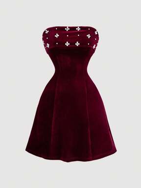 SHEIN MOD Women Burgundy Velvet Dress With Pearl Decor,Holiday Dress, Dress, Dress,New Years Eve Outfit, New Year Party Women Dress,Holiday Outfits,Formal Dress,New Years Dress,Red New Year Dress
