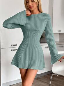EURMUSE MINI WOOL DRESS WITH BELL-STRIPED SLEEVE ,Petite Women - Mint Green - View 4